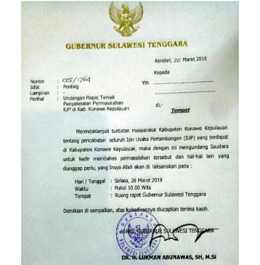 Surat Undangan yang diteken Wagub Sultra Soal Pencabutan IUP Konkep (Foto: IST)