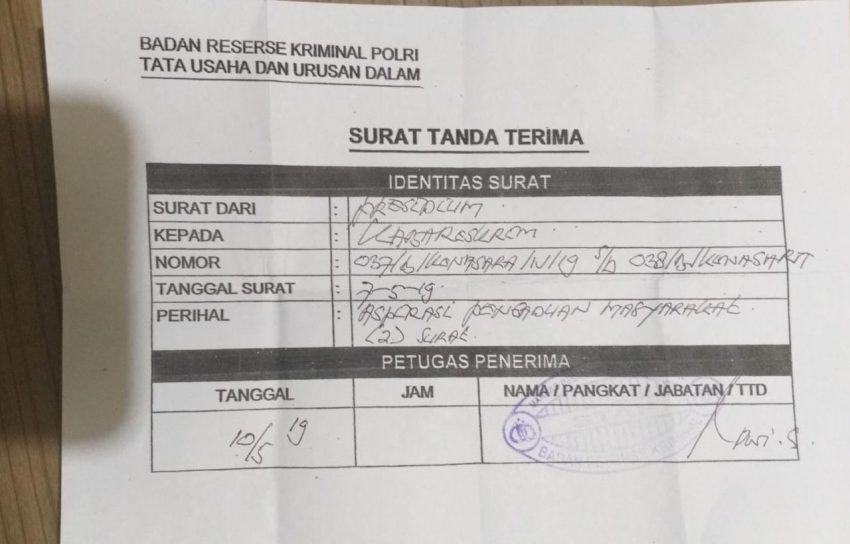 Surat Tanda Terima Laporan ke Mabes Polri (Foto: IST)